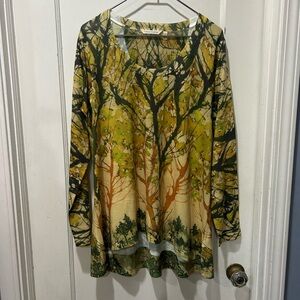Soft Surroundings XL Green and Brown abstract Leaf Print sweater top
